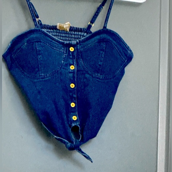Jean like crop top  with adjustable straps and knot in front of - Picture 1 of 4